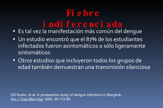 Fiebre indiferenciada Es tal vez la manifestación más común del dengue Un estudio encontró que el 87% de los estudiantes infectados fueron asintomáticos o sólo ligeramente sintomáticos Otros estudios que incluyeron todos los grupos de edad también demuestran una transmisión silenciosa DS Burke, et al. A prospective study of dengue infections in Bangkok.  Am J Trop Med Hyg  1988; 38:172-80. 