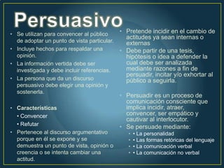 • Se utilizan para convencer al público      • Pretende incidir en el cambio de
                                               actitudes ya sean internas o
  de adoptar un punto de vista particular.     externas
• Incluye hechos para respaldar una          • Debe partir de una tesis,
  opinión.                                     hipótesis o idea a defender la
• La información vertida debe ser              cual debe ser analizada
  investigada y debe incluir referencias.      mediante razones a fin de
                                               persuadir, incitar y/o exhortar al
• La persona que da un discurso                público a seguirla.
  persuasivo debe elegir una opinión y
  sostenerla.
                                             • Persuadir es un proceso de
                                               comunicación consciente que
• Características                              implica incidir, atraer,
  • Convencer                                  convencer, ser empático y
                                               cautivar al interlocutor.
  • Refutar
                                             • Se persuade mediante:
• Pertenece al discurso argumentativo           •   • La personalidad
  porque en él se expone y se                   •   • Las formas retóricas del lenguaje
  demuestra un punto de vista, opinión o        •   • La comunicación verbal
  creencia o se intenta cambiar una             •   • La comunicación no verbal
  actitud.
 