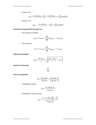 Fundamentos de Geomecánica Ingeniería Civil de Minas
Preparado por Ivo Fritzler Universidad de Santiago de Chile
- Rotación “θ”
σθθ´=
(σrr+σθθ)
2
(1 +
a2
r2) −
(σrr−σθθ)
2
(1 + 3
a4
r4) cos(2θ′)
- Rotación “rθ”
σrθ´= −
(σrr−σθθ)
2
(1 − 3
a4
r4 + 2
a2
r2) sin(2θ′)
Principio de Superposición de esfuerzos
- Para esfuerzos normales
σind = σin situ + ∑(σindexc i
− σin situ)
n
i=1
- Para cortantes
τind = τin situ + ∑(τindexc i
− τin situ)
n
i=1
Esfuerzos principales
σP,Q =
σx + σy
2
± √((
σx − σy
2
)
2
+ τxy
2)
Razón de Anisotropía
σP
σQ
Factor de seguridad
FS =
Fresistido
Faplicado
=
σresistido ∙ A
σaplicado ∙ A
- Estabilidad en Fallas
FS =
C + tan ϕ ∙ σn
τaplicado
- Estabilidad en Macizo Rocoso
FS =
σ3 + σci (mb
σ3
σci
+ s)
a
σ1aplicado
 