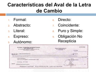 Características del Aval de la Letra
de Cambio
1. Formal:
2. Abstracto:
3. Literal:
4. Expreso:
5. Autónomo:
6. Directo:
7. Coincidente:
8. Puro y Simple:
9. Obligación No
Recepticia
 