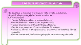 • La función de la evaluación es la tarea que va ha cumplir la evaluación.
•Responde a la pregunta ¿Qué rol asume la evaluación?
•Las funciones son:
•Función Política: Ayuda en la toma de decisiones.
•Función Simbólica: Cuando se va a asignar un valor.
•Función de conocimiento: Descubre lo que está oculto.
•Función de mejoramiento: Es para realimentar los procesos.
•Función de desarrollo de capacidades: Es el diseño de instrumentos para la
evaluación.
•Función contractual: Es el contrato pedagógico entre educador y educandos.
2. DEFINIR FUNCIÓN Y FINALIDAD
 
