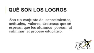 QUÉ SON LOS LOGROS
Son un conjunto de conocimientos,
actitudes, valores, destrezas que se
esperan que los alumnos posean al
culminar el proceso educativo.
 