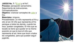 JUEGO No. 7: "El sol y el frío".
Proceso: percepción sensomotriz.
Seguimiento de instrucciones.
Conceptualización.
Objetivo: vivenciar conceptos de calor y
frío.
Materiales: ninguno.
Procedimiento: un niño representa al frío y
otro al sol. El niño que representa al frío
persigue a todos los demás, cuando los
toca, quedan congelados. El niño que es
tocado se tiene que quedar en la misma
posición en que le tocó el niño que
representa al sol, tiene que tocar a todos
los congelados, para que puedan seguir
jugando.
 