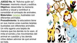 JUEGO No. 4: "Adivina quién es".
Proceso: memoria visual y auditiva.
Objetivo: desarrollar la memoria
auditiva y visual y contribuir a
consolidar el concepto de animales.
Materiales: tarjetas ilustradas con
diferentes animales.
Procedimiento: la educadora tiene
en sus manos unas cuantas tarjetas
ilustradas con diferentes animales.
Un niño agarra una tarjeta de
manera que los demás no la vean. él
imita el sonido y los movimientos del
animal en cuestión y los demás
niños deben adivinar de qué animal
se trata.
 