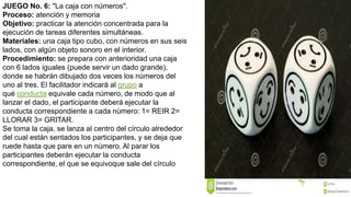 JUEGO No. 6: "La caja con números".
Proceso: atención y memoria
Objetivo: practicar la atención concentrada para la
ejecución de tareas diferentes simultáneas.
Materiales: una caja tipo cubo, con números en sus seis
lados, con algún objeto sonoro en el interior.
Procedimiento: se prepara con anterioridad una caja
con 6 lados iguales (puede servir un dado grande),
donde se habrán dibujado dos veces los números del
uno al tres. El facilitador indicará al grupo a
qué conducta equivale cada número, de modo que al
lanzar el dado, el participante deberá ejecutar la
conducta correspondiente a cada número: 1= REIR 2=
LLORAR 3= GRITAR.
Se toma la caja, se lanza al centro del círculo alrededor
del cual están sentados los participantes, y se deja que
ruede hasta que pare en un número. Al parar los
participantes deberán ejecutar la conducta
correspondiente, el que se equivoque sale del círculo
 