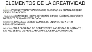 ELEMENTOS DE LA CREATIVIDAD
FLUIDEZ.- PRODUCTIVIDAD Y CAPACIDADDE ELABORAR UN GRAN NÙMERO DE
IDEAS Y RELACIONES
ORIGINALIDAD SENTIDO DE NUEVO, DIFERENTE O POCO HABITUAL. RESPUESTA
DIFERENTE DE UNA MUESTRA DADA
FLEXIBILIDAD.-CAPACIDAD DE DESPLAZARSE DE UN UNIVERSO A OTRO,
RESPUESTA VARIADA,
INTUICIÒN.-ES LA FACULTAD DE COMPRENDER LAS COSAS AL INSTANTE ,
SIN NECESIDAD DE REALIZAR COMPLEJOS RAZONAMIENTOS.
 