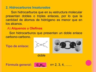 2. Hidrocarburos Insaturados
Son hidrocarburos que en su estructura molecular
presentan dobles o triples enlaces, por lo que la
cantidad de átomos de hidrógeno es menor que en
los alcanos.
A) Alquenos u Olefinas
Son hidrocarburos que presentan un doble enlace
carbono-carbono.
Tipo de enlace:
doble
Fórmula general: n= 2, 3, 4, ……
CnH2n
 