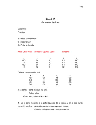 102




                                     Clase # 17
                               Ceremonia de Orun


Desarrollo
Practica


1.- Paso: Montar Orun
2.- Hacer Osain
3.- Pintar la franela


Atrás Otura Nico        al medio: Ogunda Ogbe          derecha


       +                  +              +              +            +
      OO                 OI             I I            I I          OO
      I I                II             IO             I I          OO
      OO                 OI             I I            I I          OO
      I I                IO             I I            IO           OO

Delante con cascarilla y oti
               +                 +                 +           +
              OI                OI                IO          OO
              OO                II                OO          OO
              OI                IO                IO          OO
              OO                OI                IO          OI

Y se canta: asho dun dun iku unlo
              Sokun tokun
       Coro: asho mewa soku tokun


4.- Se le pone mecatillo a la pata izquierda de la jicotea y en la otra punta
pecando, se dice:       Ayacuá masokun mawo aya orun belona
                        Eya tuto masokun mawo aya orun belona
 