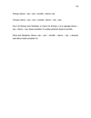 116



Shango: blanco – rojo – azul – amarillo – blanco- rojo


Yemaya: blanco – rojo – azul – amarillo – blanco – rojo – azul.


Ozun de Shango para Deidades: el mismo de Shango y se le agreaga blanco –
rojo – blanco – rojo. Hasta completar 12 vueltas partiendo desde el amarillo.


Odua para Ñangareo: blanco- rojo – azul – amarillo – blanco – rojo y después
todo blanco hasta completar 16.
 