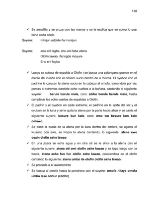 138




    Se arrodilla y se cruza con las manos y se le explica que se coma lo que
      tiene cada adele.
Suyere:     minijun addele ifa monijun


Suyere:     enu eni fagba, enu eni faba atena
            Olofin lawao, ifa logde moyure
            Enu eni fagba


    Luego se coloca de espalda a Olofin t se busca una palangana grande en el
      medio del cuarto con el omiero sucio dentro de a misma. El oyubon con el
      padrino le colocan la atena sucio en la cabeza al omofa, tomandola por las
      puntas o extremos dandole ocho vueltas a la bañera, cantando el siguiente
      suyere:      berule berule male, coro: abibo berule berule male, hasta
      completar las ocho vueltas de espaldas a Olofin.
    El padrin y el oyubon en cada extremo, el padrino en la aprte del sol y el
      oyubon en la luna y se le quita la atena por la parte hacia atrás y se canta el
      siguiente suyere: besure kun kale, coro: oma wo besure kon kale
      omawo.
    Se pone la punta de la atena por la luna dentro del omiero, se agarra el
      wuanito con ewe, se limpia la atena cantando, lo siguiente: atena ewe
      osain olofin ashe lawao
    En una jicara se echa agua y en otra oti se le ehca a la atena con el
      siguiente suyere: atena oti omi olofin ashe lawao y se tapa luego con la
      funda, atena asho fun fun olofin ashe lawao, colocandola en el olofin
      cantando lo siguiente: atena umbo ile olofin olofin ashe lawao.
    Se procede a el awoetonireo
    Se busca al omofa hasta la ponchera con el suyere: omofa nilaye omofa
      umbo lese oddun (Olofin)
 