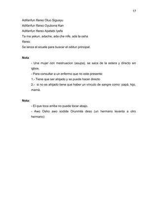 17

Adifanfun Ifareo Oluo Siguayu
Adifanfun Ifareo Oyubona Kan
Adifanfun Ifareo Apetebi Iyefa
Ta ma yekun, adache, ada che nife, ada la osha
Ifareo
Se lanza el ecuele para buscar el oddun principal.


Nota:
         - Una mujer con mestruacion (asupa), se saca de la estera y directo sin
         igbos.
         - Para consultar a un enfermo que no este presente:
         1.- Tiene que ser ahijado y se puede hacer directo
         2.- si no es ahijado tiene que haber un vínculo de sangre como: papá, hijo,
         mamá.


Nota:
         - El que toca arriba no puede tocar abajo.
         - Awo Osho awo sodide Orunmila deso (un hermano levanta a otro
         hermano)
 
