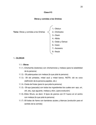25

                                     Clase # 5


                         Obras y comidas a los Orishas




                                                 1.- Olokun
Tema: Obras y comidas a los Orishas              2.- Orishaoko
                                                 3.- Osain
                                                 4.- Albita
                                                 5.- Odde y Oshosi
                                                 6.- Irawo
                                                 7.- Asowano
                                                 8.- Ibeyis


1.- OLOKUN


      1.1.- Obras
      1.1.1.- Chicharrita (tostones) con chicharrones y melaza (para la estabilidad
             de la persona)
      1.1.2.- 09 palanquetas con melaza (lo que pida la persona)
      1.1.3.- 09 obi pintados, mitad azul y mitad banco. NOTA: obi es coco
             (definición de la persona papeles, etc.)
      1.1.4.- Cesta de frutas (para lo que pida la persona)
      1.1.5.- 09 eya (pescado) con todos los ingredientes los cuales son: epo, ori,
             oñi, eku, eya aguardo, melaza y efun, (para evolución)
      1.1.6.- Ebbo Shure, es decir, 9 tipos de granos con 01 huevo en el centro
             con melaza (lo que pida la persona)
      1.1.7.- 09 bolas de ñame con banderas azules y blancas (evolución para el
             sentido de la comida)
 