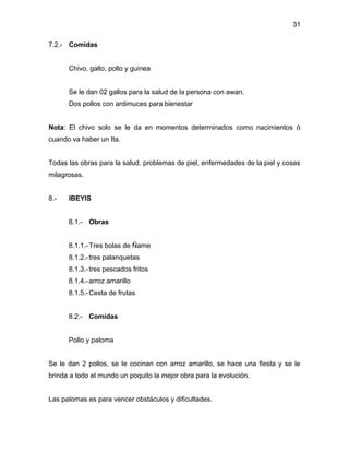31

7.2.- Comidas


      Chivo, gallo, pollo y guinea


      Se le dan 02 gallos para la salud de la persona con awan.
      Dos pollos con ardimuces para bienestar


Nota: El chivo solo se le da en momentos determinados como nacimientos ó
cuando va haber un Ita.


Todas las obras para la salud, problemas de piel, enfermedades de la piel y cosas
milagrosas.


8.-   IBEYIS


      8.1.- Obras


      8.1.1.- Tres bolas de Ñame
      8.1.2.- tres palanquetas
      8.1.3.- tres pescados fritos
      8.1.4.- arroz amarillo
      8.1.5.- Cesta de frutas


      8.2.- Comidas


      Pollo y paloma


Se le dan 2 pollos, se le cocinan con arroz amarillo, se hace una fiesta y se le
brinda a todo el mundo un poquito la mejor obra para la evolución.


Las palomas es para vencer obstáculos y dificultades.
 