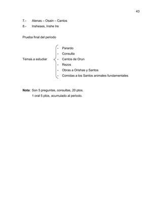 43

7.-   Atenas – Osain – Cantos
8.-   Insheses, Inshe Ire


Prueba final del periodo


                           -   Parardo
                           -   Consulta
Temas a estudiar           -   Cantos de Orun
                           -   Rezos
                           -   Obras a Orishas y Santos
                           -   Comidas a los Santos animales fundamentales



Nota: Son 5 preguntas, consultas, 20 ptos.
      1 oral 5 ptos, acumulado al periodo.
 