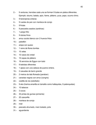 45

2.-    9 verduras, hervidas cada una se forman 9 bolas en platos diferentes.
       Ejemplo: okumo, batata, apio, ñame, plátano, yuca, papa, ocumo chino.
3.-    9 berenjenas enteras
4.-    9 ruedas de pan con manteca de corojo
5.-    9 frutas
6.-    9 pescados asados (sardinas)
7.-    1 pargo frito
8.-    9 dulces finos
9.-    arroz cocido blanco con 2 huevos fritos
10.-   pabellón
11.-   arepa con queso
12.-   1 ramo de flores bonitas
13.-   10 velas
14.-   10 vasos de cristal
15.-   10 cepas de plátano
16.-   18 servicios de Eggun con todo
17.-   9 bebidas diferentes
18.-   1 ajiaco con una cabeza de puerco entera.
19.-   2 casuelas de barro grande
20.-   2 metros de tela floreada (paraban)
21.-   caraotas negras con arroz (congris)
22.-   costilla de res (estofado)
23.-   9 eko (harina amarilla en tamalito como hallaquitas, 9 palanquetas)
24.-   10 tabacos
25.-   3 cocos
26.-   30 pintas de guinea (pimienta)
27.-   20 cascarilla
28.-   manteca de corojo
29.-   miel
30.-   pescado ahumado, maíz tostado, jutía
31.-   aguardiente
 