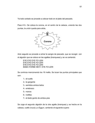 61




Ya todo cortado se procede a colocar todo en el plato del pescado.


Paso # 6.- Se coloca la corona, en el centro de la cabeza, uniendo las dos
puntas, la unión queda para atrás.




                                  Corona




Acto seguido se procede a echar la sangre de pescado, que se recogió con
el algodón que se coloco en las agallas (branqueas) y se va cantando:
       EYE EYE EYE FO LERI
       EYE EYE EYE FO LERI
       EYE EYE EYE FO LERI
       BABA IYORBE MEYI EYE FO LERI

Se continúa mencionando los 16 mellis. Se tocan los puntos principales que
son:
       1.- el cuello
       2.- la garganta
       3.- sentidos ambos lados
       4.- antebrazo
       5.- manos
       6.- rodillas
       7.- el dedo gordo de ambos pies


Se coge el segundo algodón de la otra agalla (branquea) y se hecha en la
cabeza, cuello (nuca) y a Eggun, cantando el siguiente suyere:
 