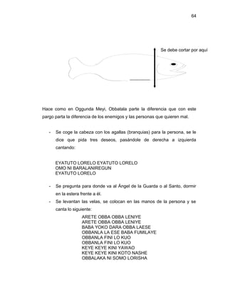 64




                                                           Se debe cortar por aquí




Hace como en Oggunda Meyi, Obbatala parte la diferencia que con este
pargo parta la diferencia de los enemigos y las personas que quieren mal.


   -   Se coge la cabeza con los agallas (branquias) para la persona, se le
       dice que pida tres deseos, pasándole de derecha a izquierda
       cantando:


       EYATUTO LORELO EYATUTO LORELO
       OMO NI BARALANIREGUN
       EYATUTO LORELO

   -   Se pregunta para donde va al Ángel de la Guarda o al Santo, dormir
       en la estera frente a él.
   -   Se levantan las velas, se colocan en las manos de la persona y se
       canta lo siguiente:
                     ARETE OBBA OBBA LENIYE
                     ARETE OBBA OBBA LENIYE
                     BABA YOKO DARA OBBA LAESE
                     OBBANLA LA ESE BABA FUMILAYE
                     OBBANLA FINI LO KUO
                     OBBANLA FINI LO KUO
                     KEYE KEYE KINI YAWAO
                     KEYE KEYE KINI KOTO NASHE
                     OBBALAKA NI SOMO LORISHA
 