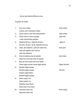 73




        Ae ae awa belona Elewa su ayo.


 Suyeres de Ozain:


1.-    Kuru kuru beke,                                irete untedi
       mariwo ozin mariwoye maiwo
2.-    Ozain kukuru, tibiri tibiri lawonishera        irete untedi
3.-    Ozain kukuru kukuru ganga,                     ogbe she
       ozain oboniboshe gangan
4.-    Atiponla ifa buru, atiponla ifa buro           ogbe di
       Ifa omo, ifa awo, ifa ile, atiponla ifa buro
5.-    Oyiki, yiki otalomio, oyiki yiki otalo mio,    irete yero
       oyiki yiki agbado awo okuma
       oyiki yiki otalomio
6.-    Ewe ire belodo ewe ire belodo                  iwori boka
       Abero ko omo ewe ewe ire belodo
7.-    Ban sei semi ozain lomi lomi baba
       Owiwi agba yeroko owiwi agba tewiwi            Ogbe Wuanle
8.-    Borokiti lagba tarepo
       Borokiti lagba tarepo                          Odi she
       Epolinu agba elese
       Borokiti lagba tarepo
9.-    Abero abero ma
       Abero abero ma
       Bobalino oluo Ozain
       Abero bero ma mowe
10.-   Awendun bera mai                               Irete untedi
       Awendun bera mai
 
