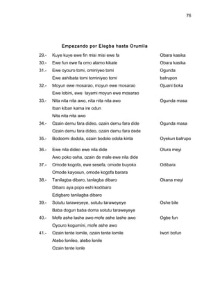 76




            Empezando por Elegba hasta Orumila

29.-   Kuye kuye ewe fin misi misi ewe fa            Obara kasika
30.-   Ewe fun ewe fa omo alamo kikate               Obara kasika
31.-   Ewe oyouro tomi, ominiyeo tomi                Ogunda
       Ewe ashibata tomi tominiyeo tomi              batrupon
32.-   Moyun ewe mosarao, moyun ewe mosarao          Ojuani boka
       Ewe lobini, ewe layami moyun ewe mosarao
33.-   Nita nita nita awo, nita nita nita awo        Ogunda masa
       Iban kiban kama ire odun
       Nita nita nita awo
34.-   Ozain demu fara dideo, ozain demu fara dide   Ogunda masa
       Ozain demu fara dideo, ozain demu fara dede
35.-   Bodoomi dodola, ozain bodolo odola kinta      Oyekun batrupo

36.-   Ewe nila dideo ewe nila dide                  Otura meyi
       Awo poko osha, ozain de male ewe nila dide
37.-   Omode kogofa, ewe sesefa, omode buyoko        Odibara
       Omode kayosun, omode kogofa barara
38.-   Tanilagba dibaro, tanlagba dibaro             Okana meyi
       Dibaro aya popo eshi kodibaro
       Edigbaro tanilagba dibaro
39.-   Sotutu taraweyeye, sotutu taraweyeye          Oshe bile
       Baba dogun baba doma sotutu taraweyeye
40.-   Mofe ashe lashe awo mofe ashe lashe awo       Ogbe fun
       Oyouro kogumini, mofe ashe awo
41.-   Ozain tente lomile, ozain tente lomile        Iwori bofun
       Atebo lonileo, atebo lonile
       Ozain tente lonle
 