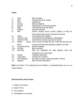 8



Ireses


1.-      Ariku               Bien de salud
2.-      Aiku                Vencimiento de la muerte
3.-      Oma                 Inteligencia
4.-      Zunzun              Bien por delante
5.-      Buyoco              Organización y Almacenamiento
6.-      Bata                Vencimiento al pie del Santo
7.-      Abilona             Caminos abiertos
8.-      Alle                Dinero, caracol, santo, mundo, pueblo, un bien de
                          dinero para hacer santo y firmeza en la tierra.
9.-      Silenu           Inmunidad ante el peligro
10.-     Achecun otan     Vencimientos de obstáculos y dificultades
11.-     Inshe Kun Ota    Vencimiento a través de la ota de Santo
12.-     Dedde      gunto Poco a poco a través del mar, como las olas del mar
         lokun               se forman en las profundidades y llegan a la orilla
13.-     De guanto lokun     Suerte completa
13-a     Ire Owo             Bien de dinero
14.-     Kilin Kilin         Bien por mediación de viaje (alguien viene del
                             extranjero o se va de viaje)
15.-     Esnida              Libertad o liberación
16.-     Lese Osha           A través de un Santo
17.-     Lo Ile Siguayu      De casa a un lado y otro del pueblo, 2 tierras
18.-     Siguayu             Bien a través del padrino

Nota: los Ireses 12-13 solamente los da Olokun y automáticamente se va a un
onishe Olokun.




Denominación de los Ireses


1.- Ni laye: en la tierra
2.- Oyale: Firme
3.- Tesi: Seguro
4.- Tembelaye: en el mundo
 