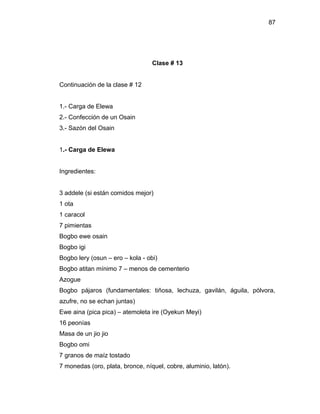 87




                                  Clase # 13


Continuación de la clase # 12


1.- Carga de Elewa
2.- Confección de un Osain
3.- Sazón del Osain


1.- Carga de Elewa


Ingredientes:


3 addele (si están comidos mejor)
1 ota
1 caracol
7 pimientas
Bogbo ewe osain
Bogbo igi
Bogbo lery (osun – ero – kola - obi)
Bogbo atitan mínimo 7 – menos de cementerio
Azogue
Bogbo pájaros (fundamentales: tiñosa, lechuza, gavilán, águila, pólvora,
azufre, no se echan juntas)
Ewe aina (pica pica) – atemoleta ire (Oyekun Meyi)
16 peonías
Masa de un jio jio
Bogbo omi
7 granos de maíz tostado
7 monedas (oro, plata, bronce, níquel, cobre, aluminio, latón).
 