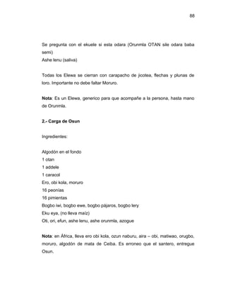 88




Se pregunta con el ekuele si esta odara (Orunmla OTAN sile odara baba
semi)
Ashe lenu (saliva)


Todas los Elewa se cierran con carapacho de jicotea, flechas y plunas de
loro. Importante no debe faltar Moruro.


Nota: Es un Elewa, generico para que acompañe a la persona, hasta mano
de Orunmla.


2.- Carga de Osun


Ingredientes:


Algodón en el fondo
1 otan
1 addele
1 caracol
Ero, obi kola, moruro
16 peonías
16 pimientas
Bogbo iwi, bogbo ewe, bogbo pájaros, bogbo lery
Eku eya, (no lleva maíz)
Oti, ori, efun, ashe lenu, ashe orunmla, azogue


Nota: en África, lleva ero obi kola, ozun naburu, aira – obi, matiwao, orugbo,
moruro, algodón de mata de Ceiba. Es erroneo que el santero, entregue
Osun.
 
