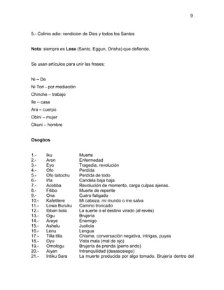 9



5.- Colinio adio: vendicion de Dios y todos los Santos


Nota: siempre es Lese (Santo, Eggun, Orisha) que defiende.


Se usan artículos para unir las frases:


Ni – De
Ni Tori - por mediación
Chinche – trabajo
Ile – casa
Ara – cuerpo
Obini – mujer
Okuni – hombre


Osogbos


1.-       Iku             Muerte
2.-       Aron            Enfermedad
3.-       Eyo             Tragedia, revolución
4.-       Ofo             Perdida
5.-       Ofo laitochu    Perdida de todo
6.-       Iña             Candela baja baja
7.-       Acobba          Revolución de momento, carga culpas ajenas.
8.-       Fitibo          Muerte de repente
9.-       Ona             Cuero fatigado
10.-      Kafetilere      Mi cabeza, mi mundo o me salva
11.-      Lowa Buruku     Camino troncado
12.-      Ibban bola      La suerte o el destino virado (al revés)
13.-      Ogu             Brujería
14.-      Araye           Enemigo
15.-      Ashelu          Justicia
16.-      Lenu            Lengua
17.-      Tilla tilla     Chisme, conversación negativa, intrigas, puyas
18.-      Oyu             Vista mala (mal de ojo)
19.-      Omologu         Brujería de prenda (perro arido)
20.-      Aiyan           Intranquilidad (desasosiego)
21.-      Intiku Sara     La muerte producida por algo tomado. Brujería dentro del
 