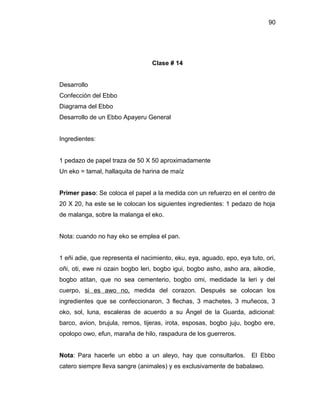 90




                                 Clase # 14


Desarrollo
Confección del Ebbo
Diagrama del Ebbo
Desarrollo de un Ebbo Apayeru General


Ingredientes:


1 pedazo de papel traza de 50 X 50 aproximadamente
Un eko = tamal, hallaquita de harina de maíz


Primer paso: Se coloca el papel a la medida con un refuerzo en el centro de
20 X 20, ha este se le colocan los siguientes ingredientes: 1 pedazo de hoja
de malanga, sobre la malanga el eko.


Nota: cuando no hay eko se emplea el pan.


1 eñi adie, que representa el nacimiento, eku, eya, aguado, epo, eya tuto, ori,
oñi, oti, ewe ni ozain bogbo leri, bogbo igui, bogbo asho, asho ara, aikodie,
bogbo atitan, que no sea cementerio, bogbo omi, medidade la leri y del
cuerpo, si es awo no, medida del corazon. Después se colocan los
ingredientes que se confeccionaron, 3 flechas, 3 machetes, 3 muñecos, 3
oko, sol, luna, escaleras de acuerdo a su Ángel de la Guarda, adicional:
barco, avion, brujula, remos, tijeras, irota, esposas, bogbo juju, bogbo ere,
opolopo owo, efun, maraña de hilo, raspadura de los guerreros.


Nota: Para hacerle un ebbo a un aleyo, hay que consultarlos.          El Ebbo
catero siempre lleva sangre (animales) y es exclusivamente de babalawo.
 