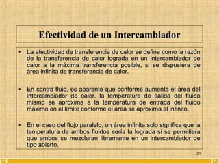 20
Efectividad de un IntercambiadorEfectividad de un Intercambiador
• La efectividad de transferencia de calor se define como la razónLa efectividad de transferencia de calor se define como la razón
de la transferencia de calor lograda en un intercambiador dede la transferencia de calor lograda en un intercambiador de
calor a la máxima transferencia posible, si se dispusiera decalor a la máxima transferencia posible, si se dispusiera de
área infinita de transferencia de calor.área infinita de transferencia de calor.
• En contra flujo, es aparente que conforme aumenta el área delEn contra flujo, es aparente que conforme aumenta el área del
intercambiador de calor, la temperatura de salida del fluidointercambiador de calor, la temperatura de salida del fluido
mismo se aproxima a la temperatura de entrada del fluidomismo se aproxima a la temperatura de entrada del fluido
máximo en el límite conforme el área se aproxima al infinito.máximo en el límite conforme el área se aproxima al infinito.
• En el caso del flujo paralelo, un área infinita solo significa que laEn el caso del flujo paralelo, un área infinita solo significa que la
temperatura de ambos fluidos sería la lograda si se permitieratemperatura de ambos fluidos sería la lograda si se permitiera
que ambos se mezclaran libremente en un intercambiador deque ambos se mezclaran libremente en un intercambiador de
tipo abierto.tipo abierto.
 