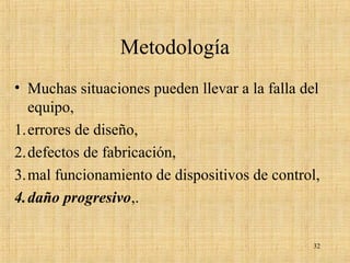 Metodología
• Muchas situaciones pueden llevar a la falla del
equipo,
1.errores de diseño,
2.defectos de fabricación,
3.mal funcionamiento de dispositivos de control,
4.daño progresivo,.
32
 