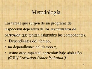 Metodología
Las tareas que surgen de un programa de
inspección dependen de los mecanismos de
corrosión que tengan asignados los componentes.
• Dependientes del tiempo,
• no dependientes del tiempo y,
• como caso especial, corrosión bajo aislación
(CUI,‘Corrosion Under Isolation’).
34
 