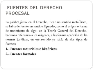 FUENTES DEL DERECHO 
PROCESAL 
La palabra fuente en el Derecho, tiene un sentido metafórico, 
se habla de fuente en sentido figurado, como el origen o forma 
de nacimiento de algo; en la Teoría General del Derecho, 
hacemos referencia a los orígenes, a las formas aparición de las 
normas jurídicas, en ese sentido se habla de dos tipos de 
fuentes: 
1.- Fuentes materiales e históricas 
2.- Fuentes formales 
 