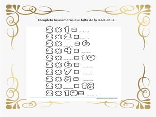 Completa los números que falta de la tabla del 2.
 