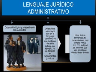 LENGUAJE JURÍDICO
                      ADMINISTRATIVO

Ordenación lógica y progresiva de    Objetividad;
         los contenidos               aún mayor
                                       que en el
                                       lenguaje           Nivel léxico-
                                    científico, ya       semántico. El
                                    que cualquier    vocabulario es muy
                                       decisión          amplio y muy
                                     judicial, por    rico, con multitud
                                     ejemplo, ha       de términos que
                                     de basarse         sólo se utilizan
                                           en        dentro de su ámbito
                                    fundamentos
                                       jurídicos
 