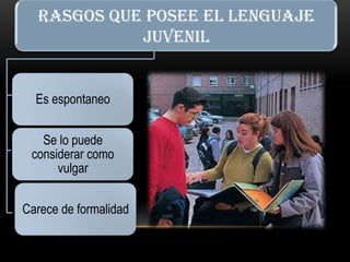 RASGOS QUE POSEE EL LENGUAJE
            JUVENIL


  Es espontaneo


   Se lo puede
 considerar como
      vulgar


Carece de formalidad
 