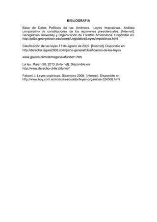 BIBLIOGRAFIA
Base de Datos Políticos de las Américas. Leyes Impositivas. Análisis
comparativo de constituciones de los regímenes presidenciales. [Internet].
Georgetown University y Organización de Estados Americanos. Disponible en:
http://pdba.georgetown.edu/comp/Legislativo/Leyes/impositivas.html
Clasificación de las leyes.17 de agosto de 2009. [Internet]. Disponible en:
http://derecho.laguia2000.com/parte-general/clasificacion-de-las-leyes
www.galeon.com/abmagana/afunder1.htm
La ley. March 20, 2013. [Internet]. Disponible en:
http://www.derecho-chile.cl/la-ley/
Falconí J. Leyes orgánicas. Diciembre 2008. [Internet]. Disponible en:
http://www.hoy.com.ec/noticias-ecuador/leyes-organicas-324506.html
 