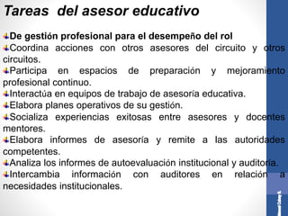 Tareas del asesor educativo
De gestión profesional para el desempeño del rol
Coordina acciones con otros asesores del circuito y otros
circuitos.
Participa en espacios de preparación y mejoramiento
profesional continuo.
Interactúa en equipos de trabajo de asesoría educativa.
Elabora planes operativos de su gestión.
Socializa experiencias exitosas entre asesores y docentes
mentores.
Elabora informes de asesoría y remite a las autoridades
competentes.
Analiza los informes de autoevaluación institucional y auditoría.
Intercambia información con auditores en relación a
necesidades institucionales.
 