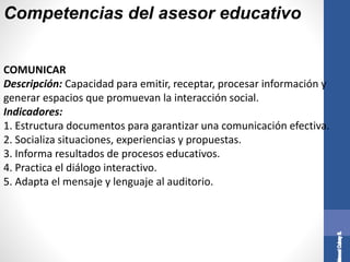 Competencias del asesor educativo
COMUNICAR
Descripción: Capacidad para emitir, receptar, procesar información y
generar espacios que promuevan la interacción social.
Indicadores:
1. Estructura documentos para garantizar una comunicación efectiva.
2. Socializa situaciones, experiencias y propuestas.
3. Informa resultados de procesos educativos.
4. Practica el diálogo interactivo.
5. Adapta el mensaje y lenguaje al auditorio.
 