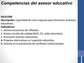 Competencias del asesor educativo
FACILITAR
Descripción: Capacidad de crear espacios para dinamizar procesos
educativos.
Indicadores:
1. Anima encuentros de reflexión.
2. Anima círculos de calidad (GCA, CE, redes docentes).
3. Promueve eventos educativos.
4. Propone alternativas en la gestión educativa.
5. Orienta en la prevención de conflictos institucionales.
 