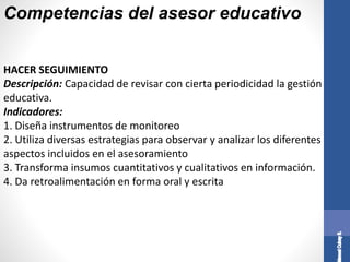 Competencias del asesor educativo
HACER SEGUIMIENTO
Descripción: Capacidad de revisar con cierta periodicidad la gestión
educativa.
Indicadores:
1. Diseña instrumentos de monitoreo
2. Utiliza diversas estrategias para observar y analizar los diferentes
aspectos incluidos en el asesoramiento
3. Transforma insumos cuantitativos y cualitativos en información.
4. Da retroalimentación en forma oral y escrita
 