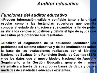 Auditor educativo
Proveer información válida y confiable tanto a la unidad
escolar como a las instancias superiores que permita
conocer el estado de situación y sus cambios, a fin de poder
asistir a los centros educativos y definir el tipo de ayuda que
necesitan para potenciar sus resultados.
Realizar el diagnóstico de la situación: identificar los
problemas del sistema educativo y de las instituciones sobre
la base de las evaluaciones realizadas por el Sistema
Nacional de Evaluación y Rendición Social de Cuentas (SER)
y de los datos que el nuevo Modelo Nacional de Apoyo y
Seguimiento a la Gestión Educativa genere de manera
sistemática a través de sus propias bases de datos y de las
unidades de estadística educativa existentes.
Funciones del auditor educativo
 