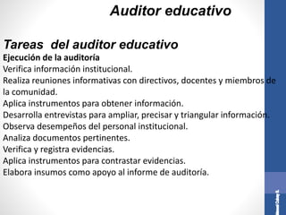 Auditor educativo
Ejecución de la auditoría
Verifica información institucional.
Realiza reuniones informativas con directivos, docentes y miembros de
la comunidad.
Aplica instrumentos para obtener información.
Desarrolla entrevistas para ampliar, precisar y triangular información.
Observa desempeños del personal institucional.
Analiza documentos pertinentes.
Verifica y registra evidencias.
Aplica instrumentos para contrastar evidencias.
Elabora insumos como apoyo al informe de auditoría.
Tareas del auditor educativo
 