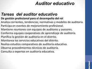 Auditor educativo
De gestión profesional para el desempeño del rol
Analiza corrientes, tendencias, normativas y modelos de auditoría.
Participa en eventos de mejoramiento profesional.
Mantiene reuniones con equipos de auditores y asesores.
Conforma equipos cooperativos de aprendizaje de auditoría.
Planifica la gestión de auditoría en el distrito.
Monitorea los servicios educativos del distrito.
Realiza estudios comparativos de auditoría educativa.
Observa procedimientos técnicos de auditoría.
Consulta a expertos en auditoría educativa.
Tareas del auditor educativo
 