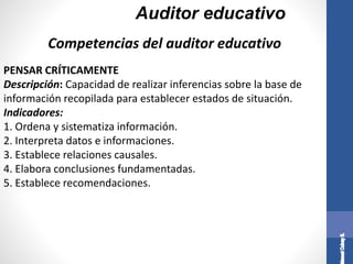 Auditor educativo
PENSAR CRÍTICAMENTE
Descripción: Capacidad de realizar inferencias sobre la base de
información recopilada para establecer estados de situación.
Indicadores:
1. Ordena y sistematiza información.
2. Interpreta datos e informaciones.
3. Establece relaciones causales.
4. Elabora conclusiones fundamentadas.
5. Establece recomendaciones.
Competencias del auditor educativo
 