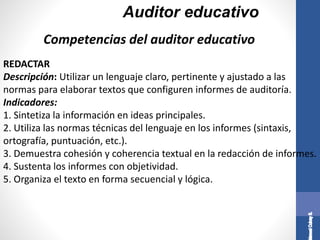 Auditor educativo
REDACTAR
Descripción: Utilizar un lenguaje claro, pertinente y ajustado a las
normas para elaborar textos que configuren informes de auditoría.
Indicadores:
1. Sintetiza la información en ideas principales.
2. Utiliza las normas técnicas del lenguaje en los informes (sintaxis,
ortografía, puntuación, etc.).
3. Demuestra cohesión y coherencia textual en la redacción de informes.
4. Sustenta los informes con objetividad.
5. Organiza el texto en forma secuencial y lógica.
Competencias del auditor educativo
 