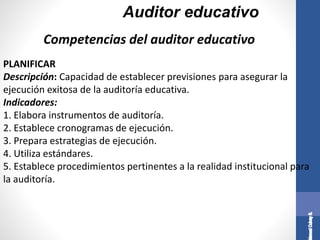 Auditor educativo
PLANIFICAR
Descripción: Capacidad de establecer previsiones para asegurar la
ejecución exitosa de la auditoría educativa.
Indicadores:
1. Elabora instrumentos de auditoría.
2. Establece cronogramas de ejecución.
3. Prepara estrategias de ejecución.
4. Utiliza estándares.
5. Establece procedimientos pertinentes a la realidad institucional para
la auditoría.
Competencias del auditor educativo
 