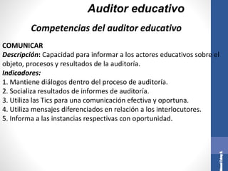 Auditor educativo
COMUNICAR
Descripción: Capacidad para informar a los actores educativos sobre el
objeto, procesos y resultados de la auditoría.
Indicadores:
1. Mantiene diálogos dentro del proceso de auditoría.
2. Socializa resultados de informes de auditoría.
3. Utiliza las Tics para una comunicación efectiva y oportuna.
4. Utiliza mensajes diferenciados en relación a los interlocutores.
5. Informa a las instancias respectivas con oportunidad.
Competencias del auditor educativo
 