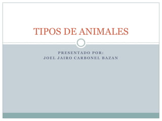 TIPOS DE ANIMALES

      PRESENTADO POR:
 JOEL JAIRO CARBONEL BAZAN
 