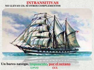 INTRANSITIVAS
NO LLEVAN CD, SÍ OTROS COMPLEMENTOS
Un barco navega, imponente, por el océano
CPVO CCL
 