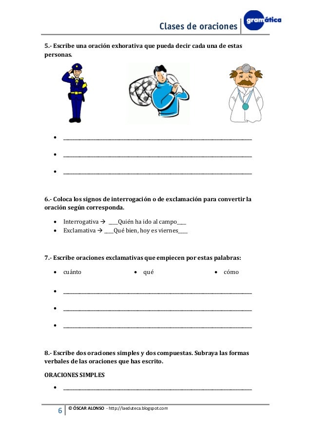 Clases de oraciones. ejercicios de gramática